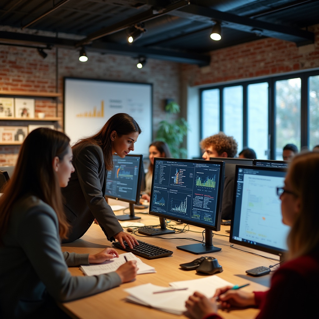 Sesión de formación mostrando instructor enseñando a estudiantes a analizar datos inmobiliarios en pantallas de computadora con gráficos y planillas