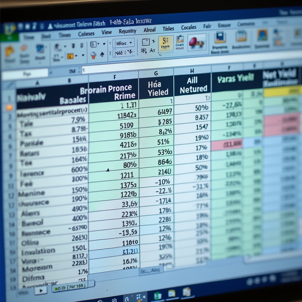 Primer plano de pantalla de computadora mostrando cálculos detallados de rentabilidad de arriendo con gastos de propiedades chilenas y consideraciones tributarias