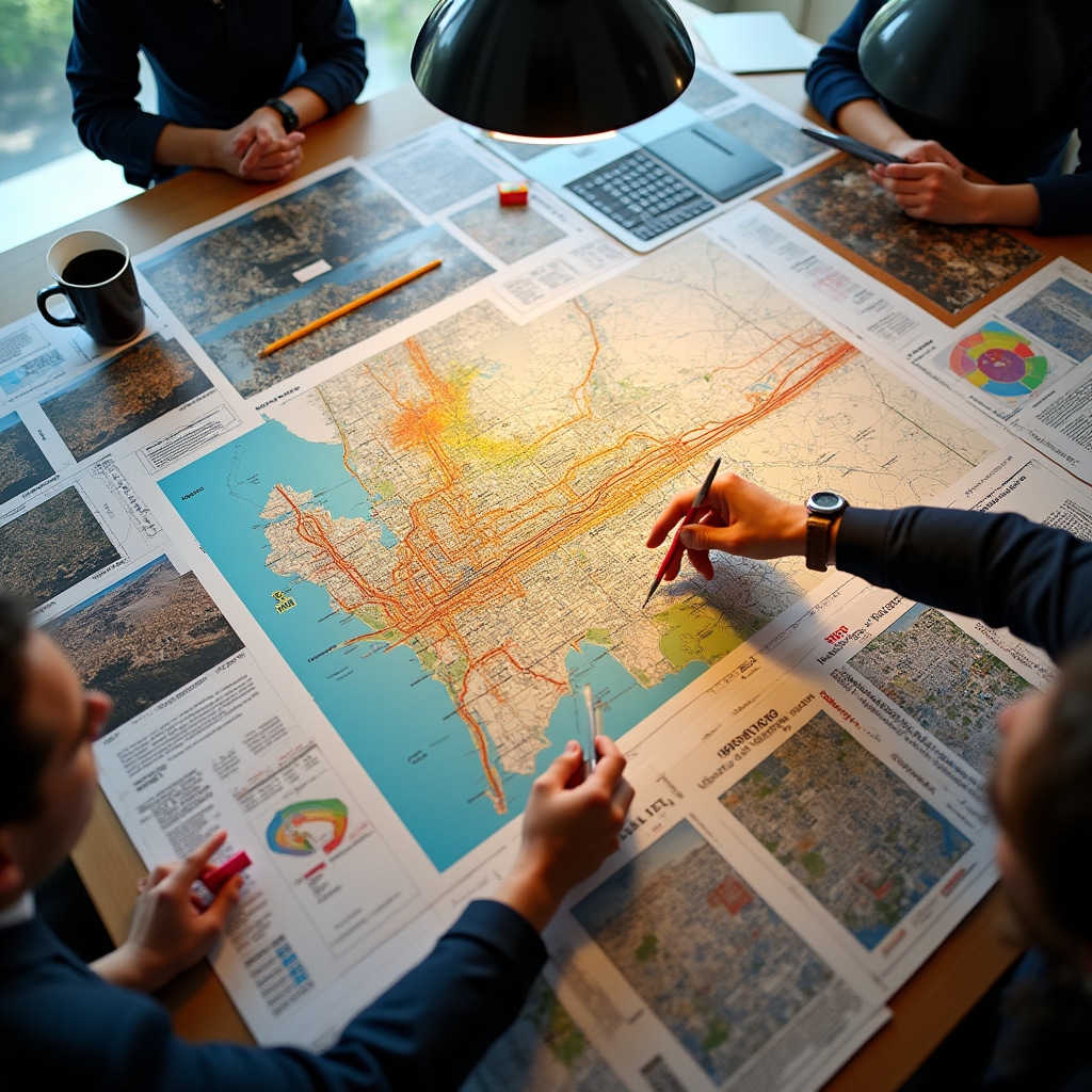 Análisis de proyectos de desarrollo de infraestructura con mapas mostrando líneas de metro y zonas de valor de propiedades en comunas de Santiago