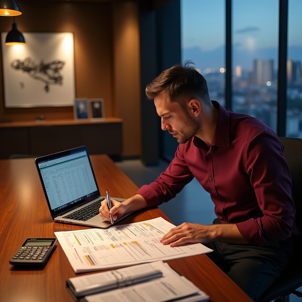 Financial instructor teaching rental yield calculation methods with spreadsheets and calculator