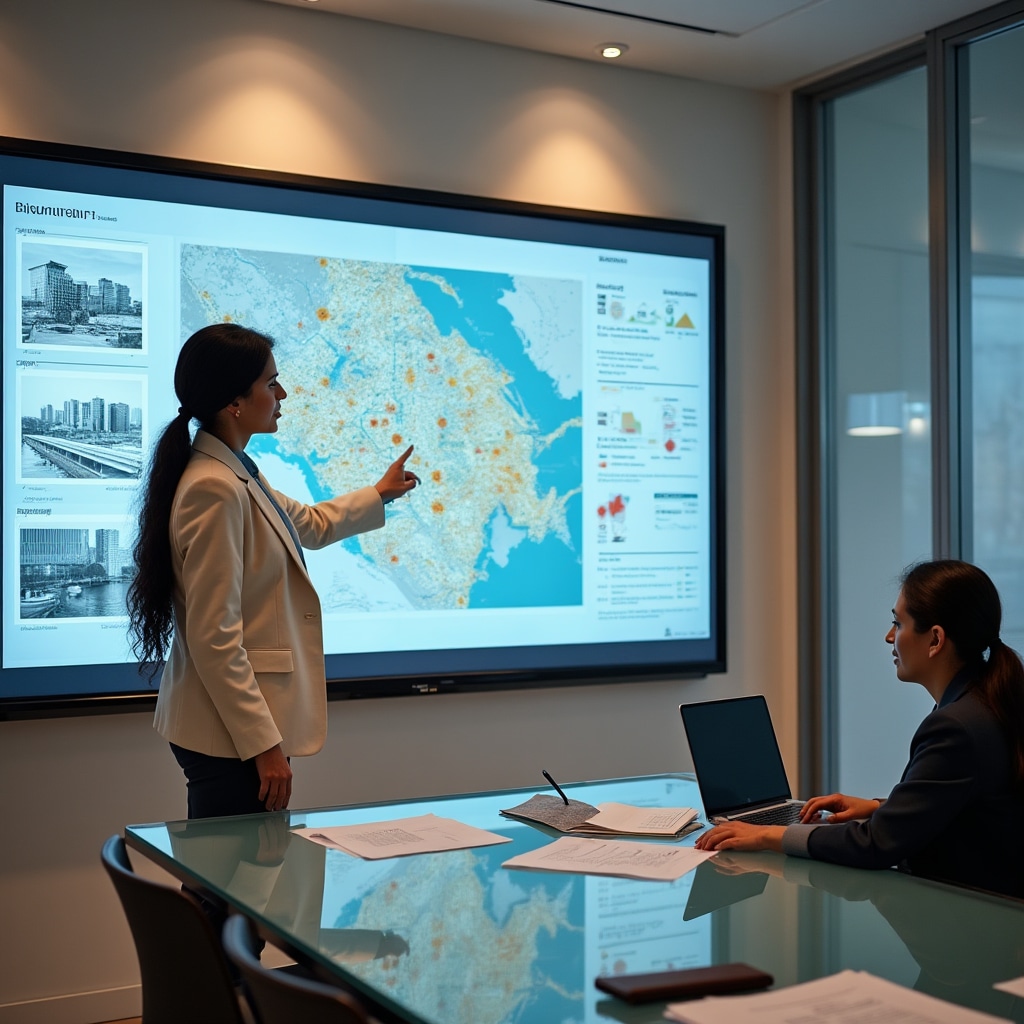 Market research instructor explaining commune analysis with maps and demographic data