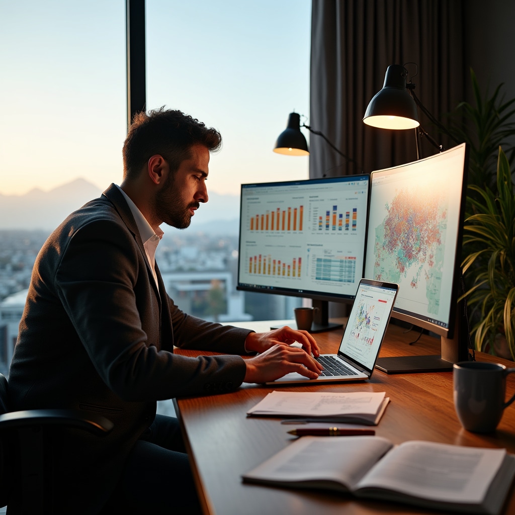 Professional analyzing real estate market data on multiple screens with Chilean property statistics and charts
