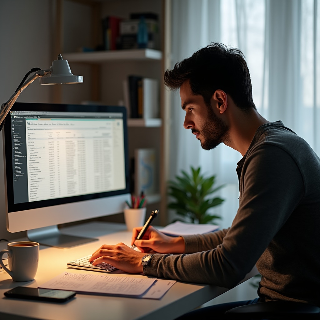 Estudiante trabajando en laptop analizando datos de transacciones inmobiliarias con planillas y bases de datos gubernamentales en línea