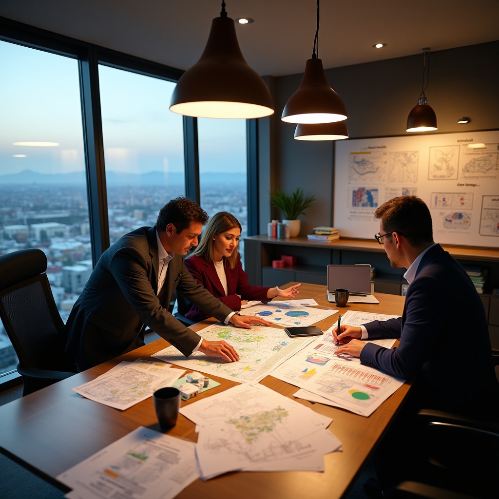 Equipo de profesionales colaborando en análisis de mercado inmobiliario con visualizaciones de datos y materiales de investigación